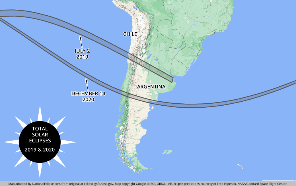 Total Solar Eclipses - July 2, 2019, and December 14, 2020 - South America Map