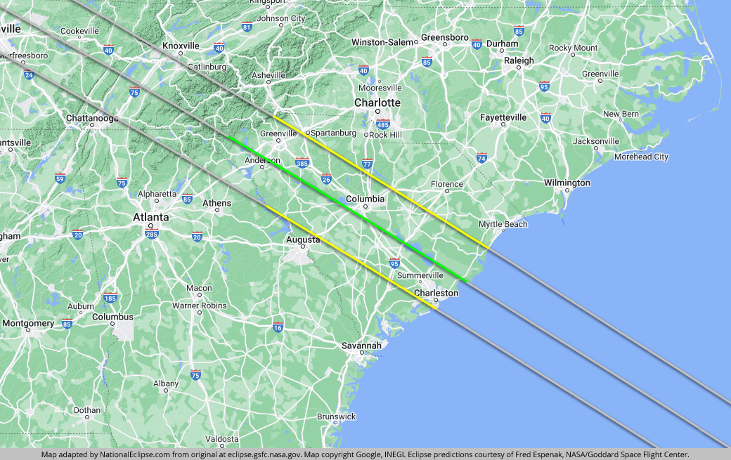 Total Solar Eclipse - August 21, 2017 - South Carolina Map