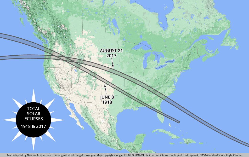 Total Solar Eclipses - June 8, 1918, and August 21, 2017 - USA Map