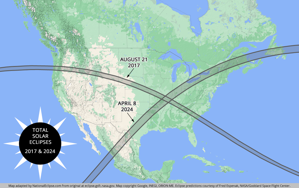 Total Solar Eclipses - August 21, 2017, and April 8, 2024 - USA National Map