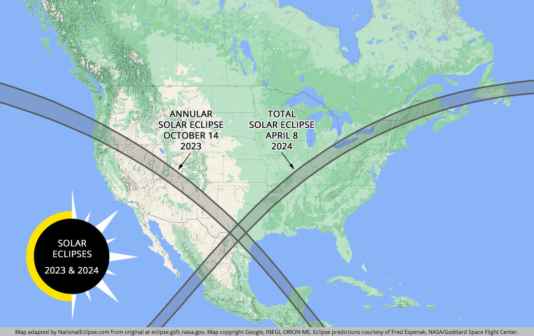 Solar Eclipses - October 14, 2023, and April 8, 2024 - USA Map