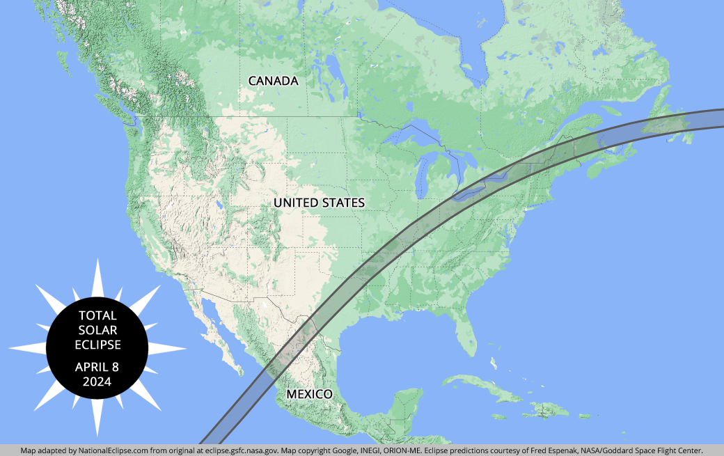 Total Solar Eclipse - April 8, 2024 - Mexico, USA, and Canada Map