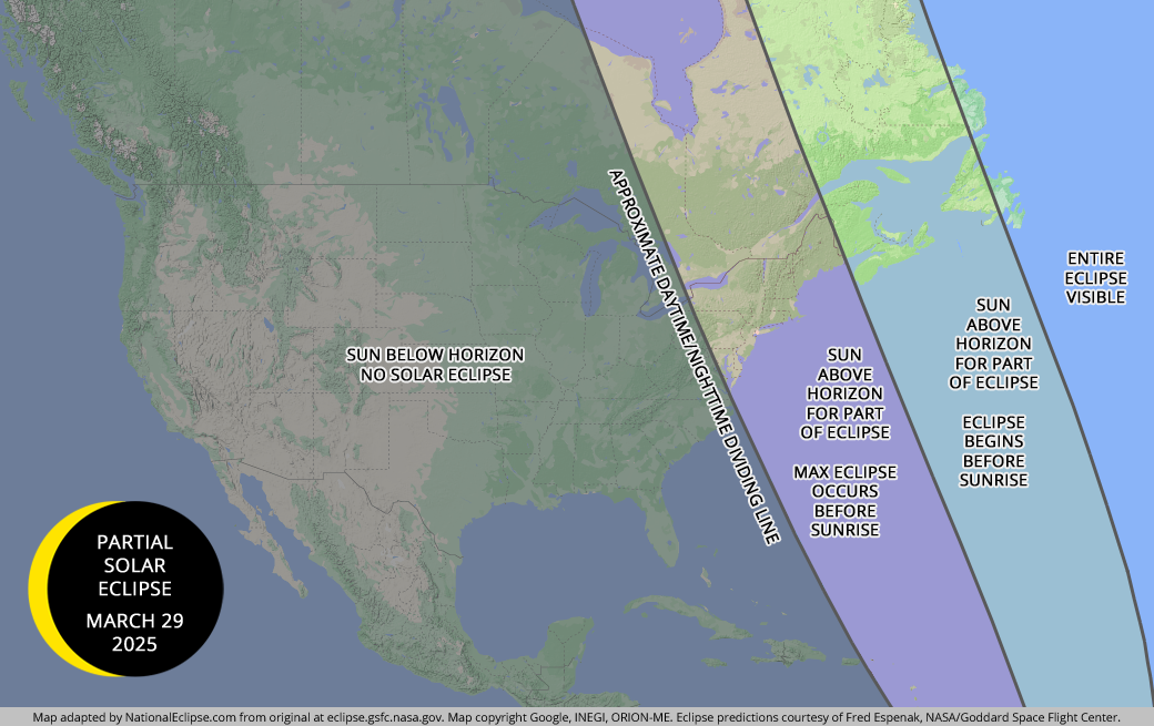 Partial Solar Eclipse - March 29, 2025 - USA and Canada Map