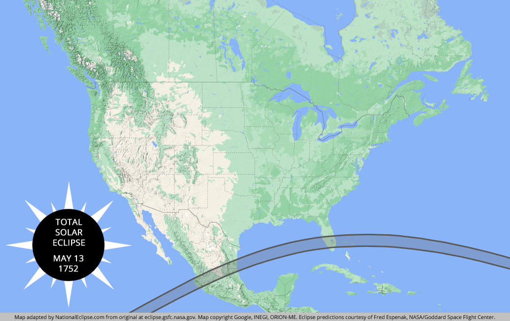 Total Solar Eclipse - May 13, 1752 - USA Map