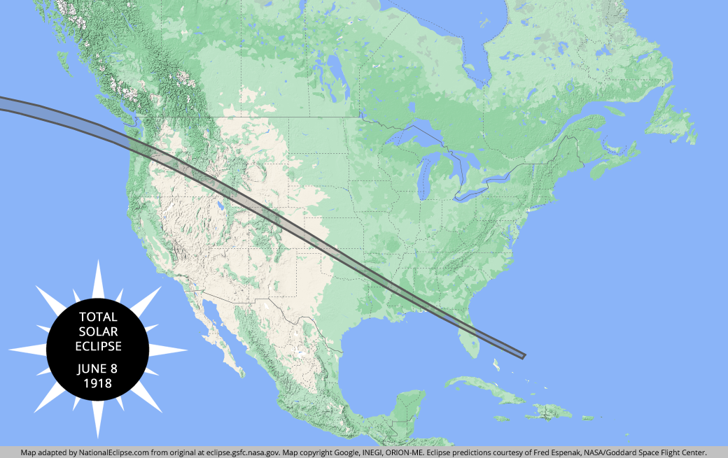 Total Solar Eclipse - June 8, 1918 - USA Map