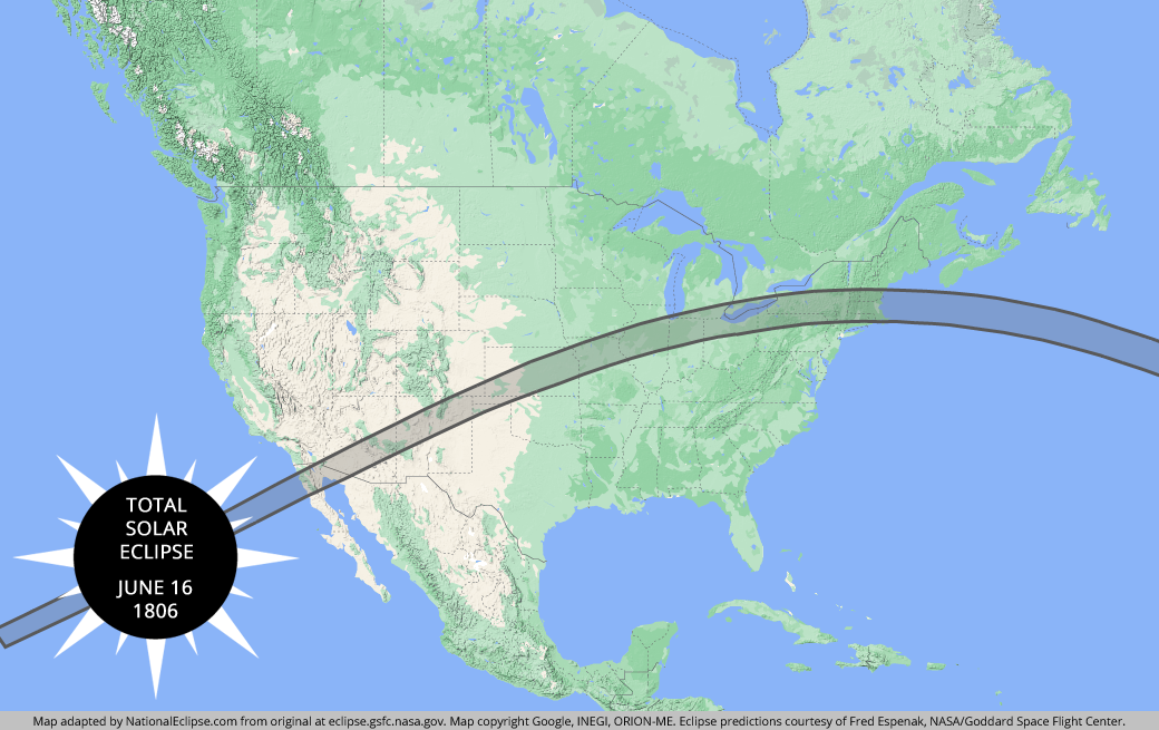 Total Solar Eclipse - June 16, 1806 - USA Map