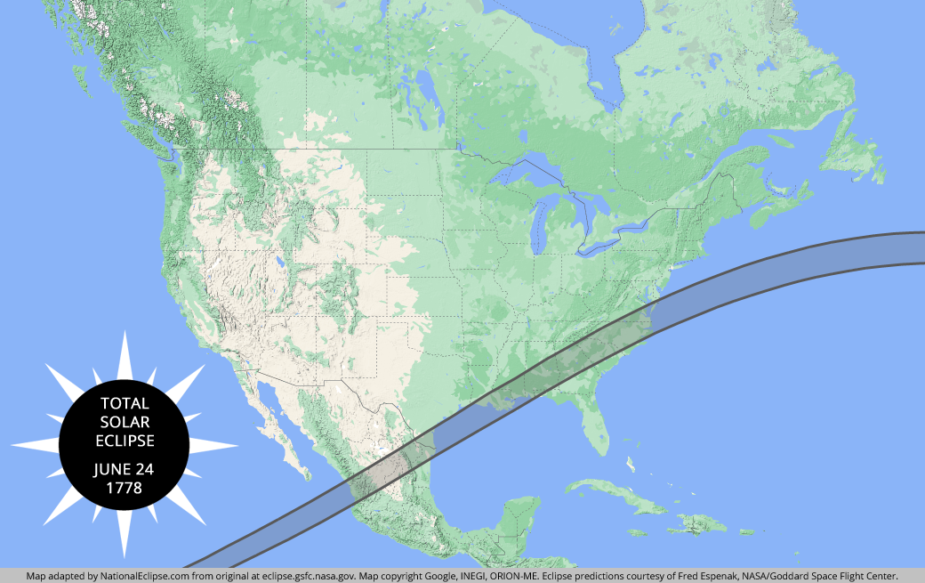 Total Solar Eclipse - June 24, 1778 - USA Map