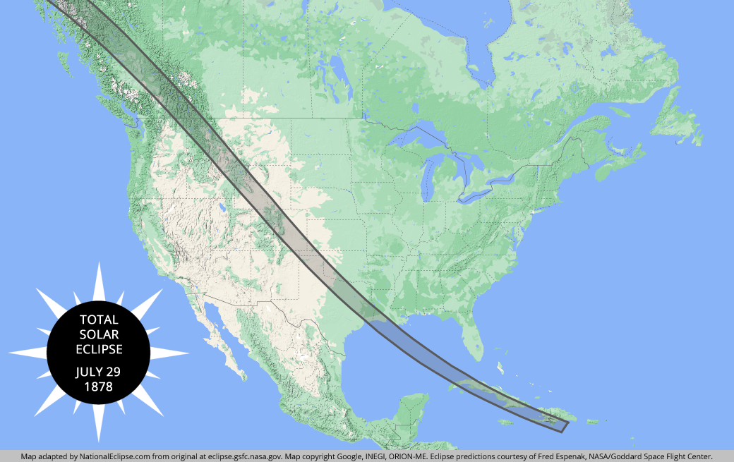 Total Solar Eclipse -  July 29, 1878 - USA Map