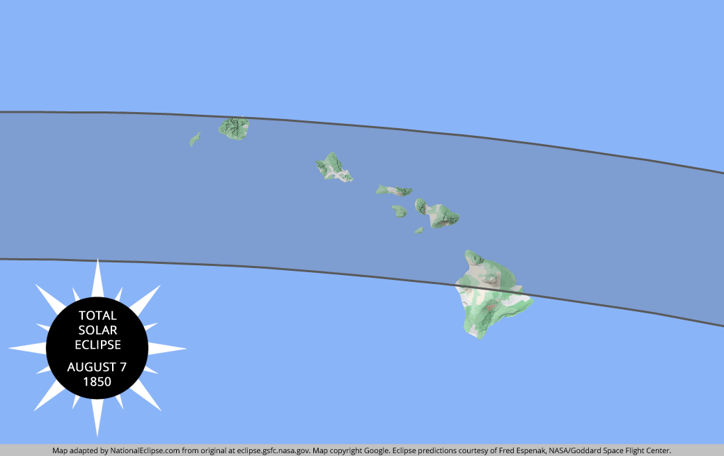 Total Solar Eclipse - August 7, 1850 - Hawaii Map