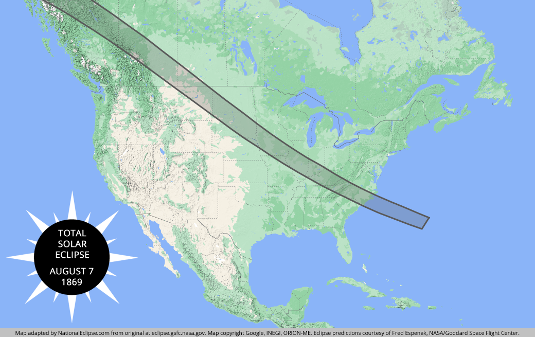 Total Solar Eclipse - August 7, 1869 - USA Map